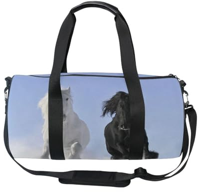 Sporttasche, Reisetasche, Reisetasche, weißes Pferd, Schwarz / Weiß, für Damen und Herren, Tier, Mädchen, Gymnastik, Tanz, Wochenende, Übernachtung, Fitness, Workout, Reisetasche