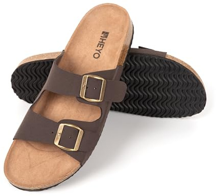 HEYO Pantoletten Herren Damen Sandalen Bequeme Hausschuhe Unisex Kork Badelatschen mit verstellbaren Riemen (Braun, EU Schuhgrößensystem, Erwachsene, Numerisch, M, 41)