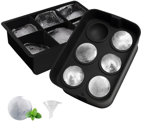 Juego de moldes de silicona para cubitos de hielo + molde para bolas de hielo con tapa, cubitos de hielo grandes y bolas para bebidas, silicona de grado alimenticio, fácil limpieza (6 compartimentos)