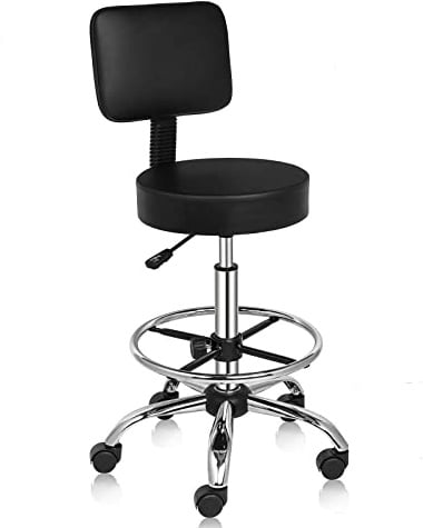 Bonnlo Rollhocker höhenverstellbar mit Lehne Abnehmbar, Arbeitshocker 360° Drehbar, Drehhocker mit Fünfstern-Basis & Ringförmiger Fußstütze 136 KG Belastbar, Bürohocker für Büro/Salon/Bar, Schwarz