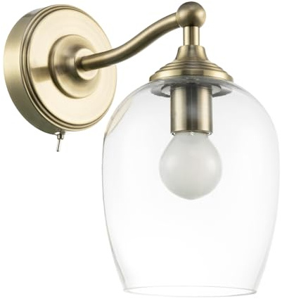 Happy Homewares Traditional Designer Wall Lantern Light Fitting in Antique Brass with Clear Glass Shade | 23cm x 21cm x 12cm | Ornate Back Plate