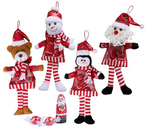 Weihnachtsfigur mit Schokolade gefüllt – Plüschfigur mit Süßigkeiten – 1 Stück zufällige Auswahl aus Weihnachtsmann, Schneemann, Pinguin oder Teddybär – liebevolle Idee zu Nikolaus und Weihnachten