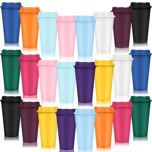 XJGQZ 24 Pcs Reusable Coffee Cups with Lids, Plastic Tumblers to Go | 12 Assorted Colours; 470ml Capacity; BPA-Free Food-Grade PP; Leakproof Snap-On Lid; Ideal for Travel and Parties