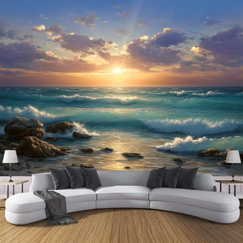 Fototapete Premium-Seide Sonnenuntergang Himmel 200 x 140cm - Fototapete Schlafzimmer Wohnzimmer Gold Blau Tapete Xxl Wandtapete Motivtapeten 3D Effekt Wandbilder - Felsen Küste