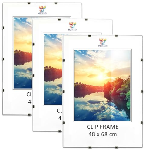 MG Design Cliprahmen Set 3 Stück in 48 x 68 cm – Rahmenlose Bilderrahmen mit Acrylglas & HDF-Rückwand für Fotos, Poster & Puzzle, vertikal & horizontal