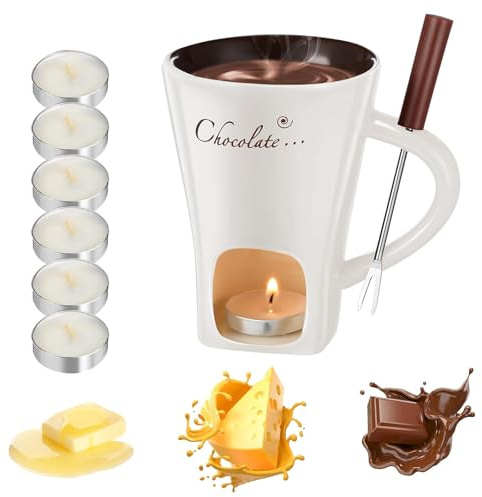 Schokoladen-Fondue-Tassen-Set, Keramische Schmelztasse mit Gabeln & 6 Kerzen, Mini Käse- & Butterwärmer für Heiße Schokolade & Desserts, Geschenk für Date Night, Geburtstag & Hochzeit (Weiß) (D)