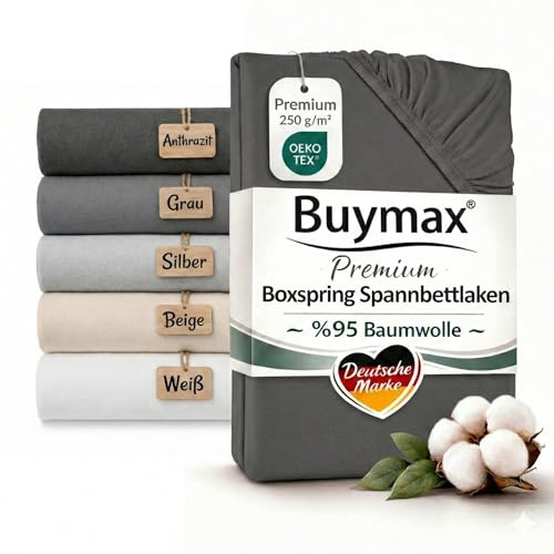 Buymax Boxspringbett Spannbettlaken 180x200 bis 200x220 cm Anthrazit – Premium Jersey 250 g/m² – 95% Baumwolle 5% Elastan – bis 35 cm Matratzenhöhe