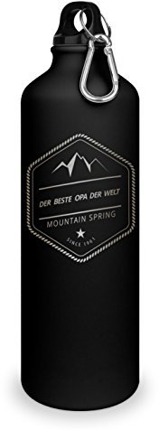 Trinkflasche mit Namen Bester Opa der Welt - graviert mit Adventure Layout, Aluminiumflasche mit Gravur, Sportflasche - matt schwarz
