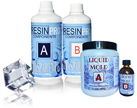Kit de 800 gr resina epoxi transparente + goma de silicona líquida GR 500 para moldeo y creaciones artísticas.