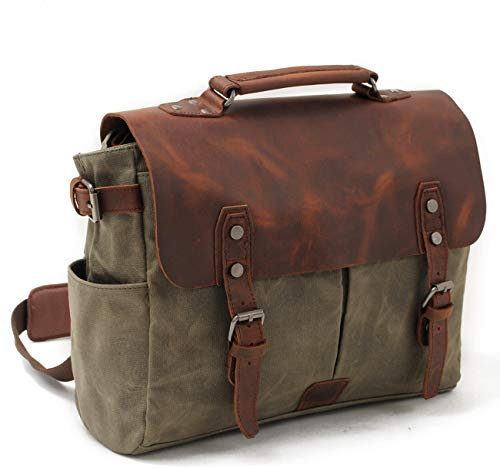 KEREITH mens laptop beutel büro aktentasche wasserdicht leinwand leder college tasche ranzen umhängetasche passen bis zu 15.6inch, army green
