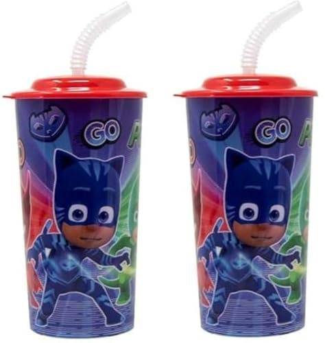 Zak Designs PP 473 ml 2er-Pack PJ Masks Trinkbecher mit Deckel und Strohhalm, Sippy Cup, Schnabelform, Kinderdrinkbecher, Schulbedarf, 17 x 10 x 7,1 cm