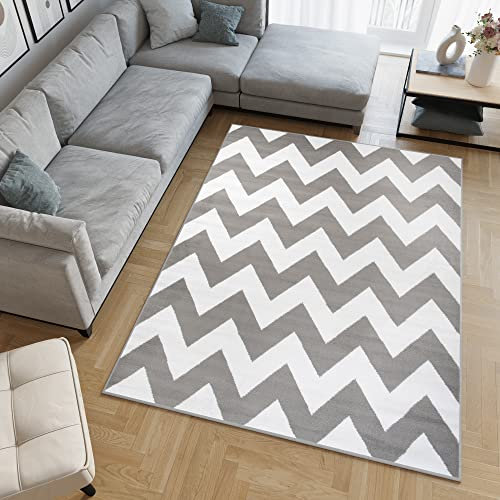 TAPISO Fire Teppich Wohnzimmer Grau Weiß Kurzflor Modern Zig Zag Streifen Gestreift Geometrisch Schlafzimmer Esszimmer ÖKOTEX 140 x 200 cm