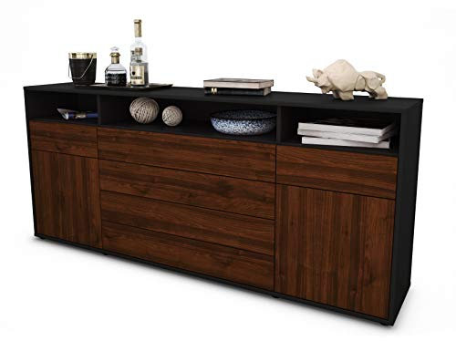 Stil.Zeit Sideboard Evelina, Korpus anthrazit matt, Front Holz-Design Walnuss (180x79x35cm) Push-to-Open Technik & Leichtlaufschienen