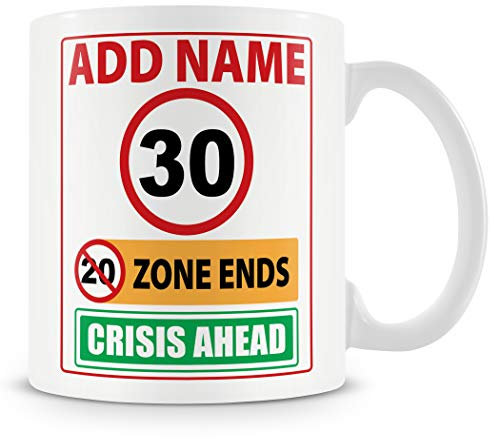 MUGGZ 30th Birthday Gift - Personalised Cup - Add Name - Funny 30 Birthday Mug - Crisis Ahead
