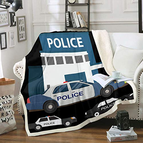 Polizei Auto Werfen Decke 150×200,Kinder Cartoon Auto Sherpa Decke Notfall-Responder Fahrzeuge Plüsch Bettdecke Für Jungen Mädchen,Blau Grau Wärme Flanell Fleece Decke Für Bett Sofa Reise Couch