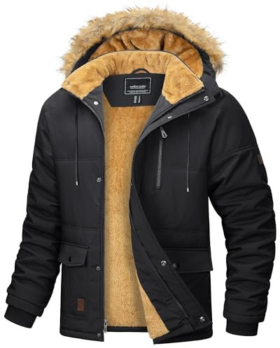 MAGCOMSEN Herren Warme Parka Jacke Gefüttert Winter Daunenjacke Kapuze Camping Jacken Männer Winddicht Warme Outdoorjacke Fleece Funktionsjacke Wandern Jagdjacke Schwarz M