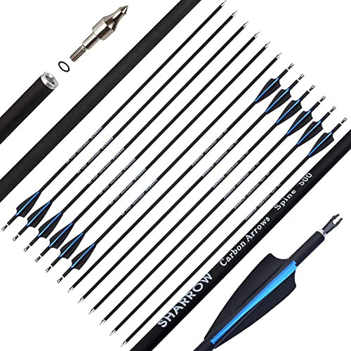 SHARROW 30 Zoll Carbonpfeile für Bogenschießen Spine 500 Carbon Pfeile Carbon Jagdpfeile mit 3 Zoll Gummifedern Pfeile für Bogen Pfeil Recurvebogen Compoundbogen Jagdbogen (Blau)