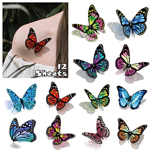 Acevegue 110 Stück Fake Tattoos, 3D Bunte Kleine Schmetterling Temporäre Tattoos Schmetterlinge Deko, Klebetattoos Erwachsene Tatoos zum Aufkleben Damen Sticker Mädchen Geburtstag Geschenk Karneval