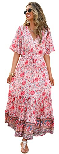 R.Vivimos Femmes D'été Cou en V Bouton à Manches Courtes Robe Bohème Fleur Longue Robe A Ligne Volants Longue Plage Robe