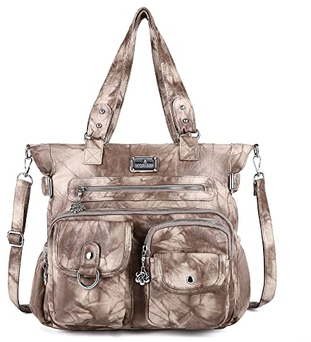 AngelKiss Handtasche Damen Schultertasche Multifunktionale Umhängetaschen Gewaschenes Veganes Leder Wasserdicht mit Reißver Schlusstaschen