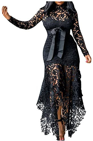 Strickkleid Damen Lang Brautkleid Abendkleider Spitze Patchwork Langarm Kleid mit Gürtel Knöchel Abendkleid Lang Einfarbig Maxikleid Unregelmäßigem Saum Spitzenkleid Schwarz XXL