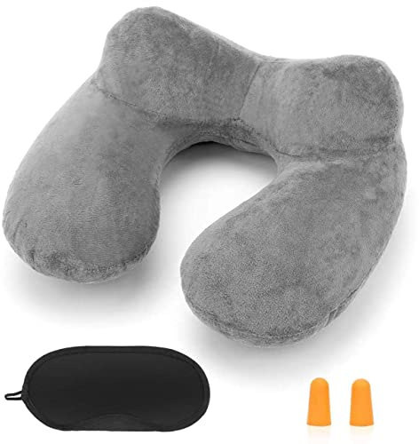 HITSZS Inflatable Travel Pillow for Airplane Inflatable Neck Pillow for Traveling with Soft Velvet Washable Cover for Sleeping, Airplane,Train, Car, Office, Contoured Eye Masks, Earplugs (Grey)