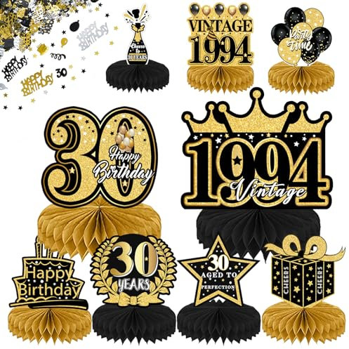 30. Geburtstag Tischdeko Set,30. Geburtstag Dekoration Mann, 10 Stück Schwarz und Gold 30. Geburtstag Deko Bienenwabe Mittelstück mit Tortendeko,15g Happy Birthday Konfetti,30. Geburtstag,30 Jahrestag