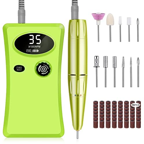 Electric Nail Files Professional,Urbuti Portable Nail Drill Machine for Acrylic and Gel Nails,35000RPM Rechargeable Electric Manicure Pedicure Set with 11 bits and LCD Display for Home Salon (Green)