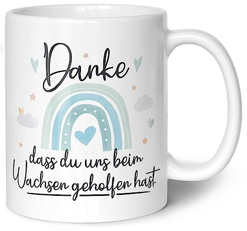 Bedruckte Tasse mit Spruch - Danke dass du uns beim Wachsen geholfen hast V2 - Geschenk für Erzieher zum Kindergarten Abschied - Geschenk als Dankeschön - Farbe Regenbogen Blau - Weiß