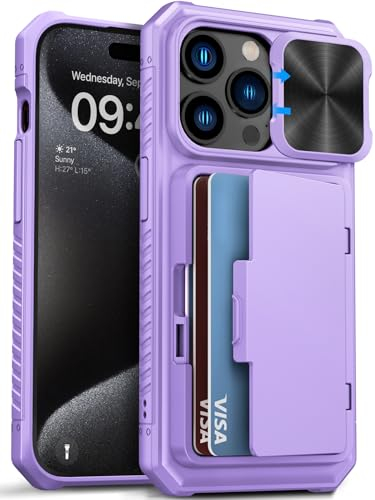Vihibii pour iPhone 15 Pro Coque avec Porte Carte & Protection Cache Camera, TPU Protection Militaire Antichoc & Anti Rayures Case Robuste ÉTui pour iPhone 15 Pro 5G 6.1 Pouces (Violet)