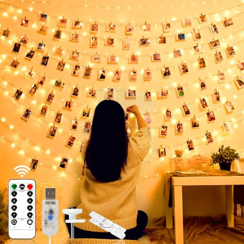 Clip Cadena de Luces LED, 12M 120 LED Colgar Fotos, Guirnalda con 52 Pinzas, USB y Control Remoto para Bodas, Cumpleaños, Fiesta, Navidad