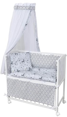 Baby Delux Beistellbett Babybett Stubenwagen weiß 90x40 mobil mit Rädern inkl. Matratze und Bettwäsche Set mehrteilig (Waldzauber grau)