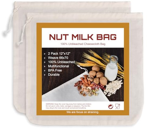 Nut Milk Bag, SANTOW Natural Cheesecloth Bag, 2 Pack 12x12 100% Unbleached Cotton Cloth Bag Drawstring Filter for Cheese, Yogurt, Juice, Wine, Cold Brew Coffee and Vegan Milk, Almond Milk Strainer