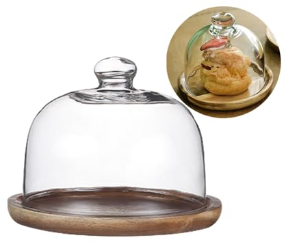 Glass Dessert Dome with Wood Base,Mini Cake Stand,Cake Plate Wooden Plates with Dome,Fruit Display Server Tray for Kitchen, Birthday, Wedding,Appetizer Dessert and Cheese Serving Stand (Round-5inch)