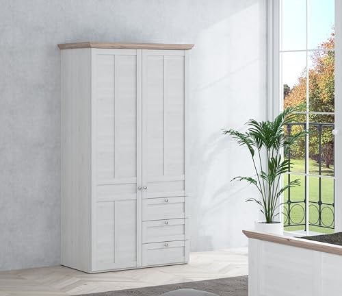 FORTE ILOPPA Schrank 100 110, Kleiderschrank Drehtürenschrank Landhausstil 2-türig Schubladen Einlegeböden Kleiderstange Holzdekor: Schnee Eiche / Nelson Eiche 105 cm breit x 193 cm hoch x 57 cm tief