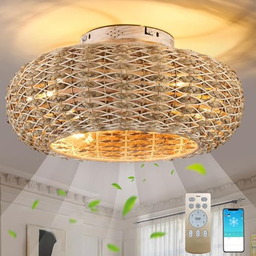 Ventilador De Techo Con Iluminación De Ratán E27 - Control Remoto Silencioso, 6 Velocidades, Temporizador Reversible - Lámpara Para Sala De Estar Y Dormitorio