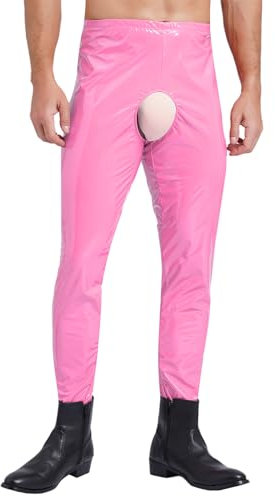 MSemis Herren Lack Leder Hose Pants Wetlook Leggings Skinny mit Reißverschluss Elastisch Lackoptik Lederhose Slim Fit Rosa E XL