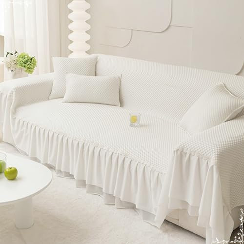 AMDXD Sofa Überwurfdecke, Einfarbig mit Spitze Muster Ecksofa Bezug rutschfest, rutschfeste Sofabezug Katze in EIS Seide Anti-Rutsch-Couch - 180x400CM, Weiß