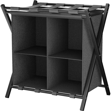 Huhote Luggage Rack with Storage,Metal Folding Suitcase stand Portable Luggage Racks for bedroom ,2 Tier Suitcase Luggage Travel Chest Storage Stand for Home Bedroom,1x Black