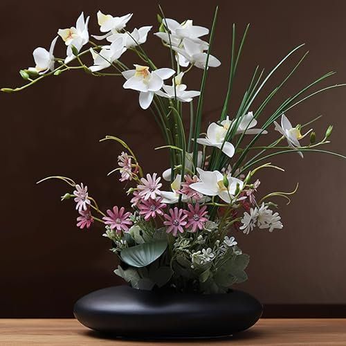 SYDDOL 17 Künstliche Orchideen im Topf, Zen Dekoratives Orchideen-Bonsai, Realistisch aussehende Kunstblumen für Tischdekoration und Wohnkultur (weiße Blume und schwarzer Topf)