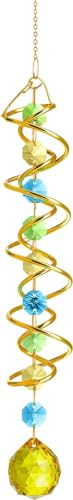 H&D HYALINE & DORA Glass Gazing Ball Spiral Tail Crystal Decorative Wind Spinner Sun Catcher,17.7in Rainbow Maker Double-Spiral W/Yellow Crystal Ball Wind Spinner for Indoor Outdoor Garden Decoration