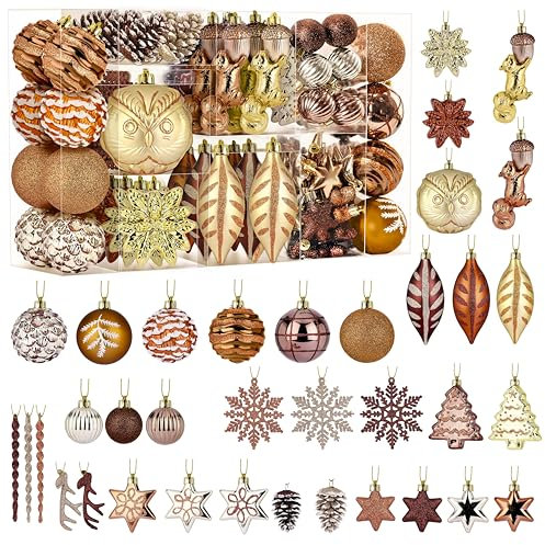 Alupssuc 96pcs 5-13cm Christmas Baubles Set, Forest Squirrel Shatterproof Plastic Gold Baubles for Christmas Tree Decorations, Holiday Party Decorations, with Hanging String, Antique Bronze Gold