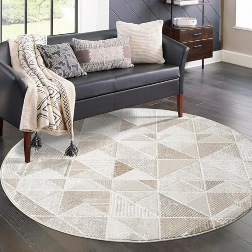 carpet city Teppich Wohnzimmer - Creme - 160 cm Rund - Klassisch Modern - Geometrisches Muster - Teppiche Kurzflor Schlafzimmer, Esszimmer