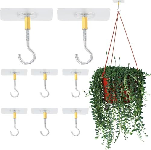 8 Pieces Ceiling Hooks for Hanging Plants Self-Adhesive Ceiling Hooks No Drilling Transparent PVC Plant Hooks for Ceiling with Stainless Steel Plant Hooks for Ceiling (Holds 12 lbs)