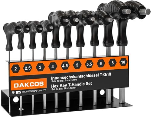DAKCOS Juego de 10 llaves Allen con mango en T, juego de llaves hexagonales métricas de 2 a 10 mm con estante de almacenamiento, Cr-V