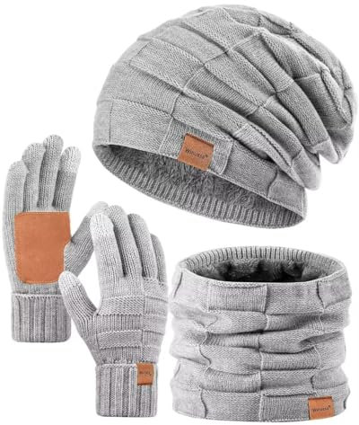 Winuesa Mütze, Schal & Handschuh-Sets für Damen Herren, Slouchy Beanie Mütze Herren Winter Strickmütze Touchscreen Handschuhe Schal Halswärmer Schlauchschal Geschenk set(Grau)