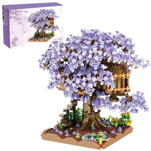 Kirschblüten-Baumhaus aus Kunststoff, zusammengebauter Kirsch-Bonsai-Baum, süßer Blumenbaum, DIY-Mini-Baustein-Sets für Erwachsene, Jugendliche ab 14 Jahren (ohne Licht). Lila Kirschblüten-Baum, Kirsc
