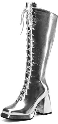 ENWIND Stivali al Ginocchio Metallici da Donna Lace Up Platform Block Stivali Lunghi con Tacco Alto Punta Quadrata Stivali Alti,Argento,44 EU