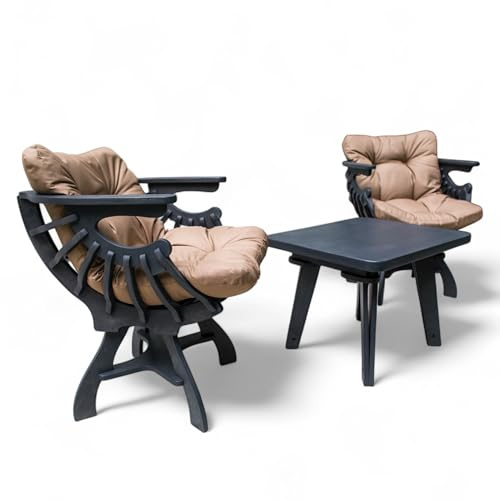 Wood Spark MINI Möbel Set - Kompakter Tisch & Sofa mit Holzdesign in Grau und Matratze in Cappuccino – Perfekt für Balkon, kleine Räume oder Terrasse