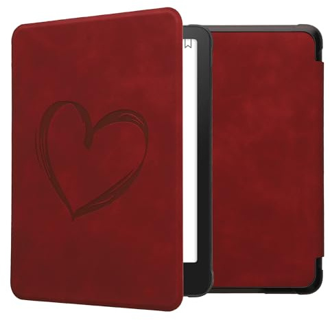 kwmobile Schutzhülle für Amazon Kindle Paperwhite (2024)/Colorsoft Hülle - eReader Case aus Kunstleder mit Auto Sleep Funktion - Herz Brush mit Dunkelrot
